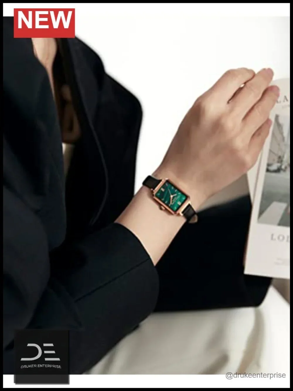 Women's Wrist Watch, Green Malachite Dial, Leather Strap, Quartz Movement,